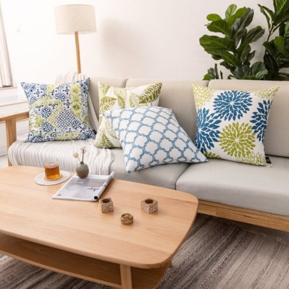 Phantoscope Decorative Pillow Covers | Set of 4 | 18"x18" | Blue & Green Leaf - Picture 2 of 8